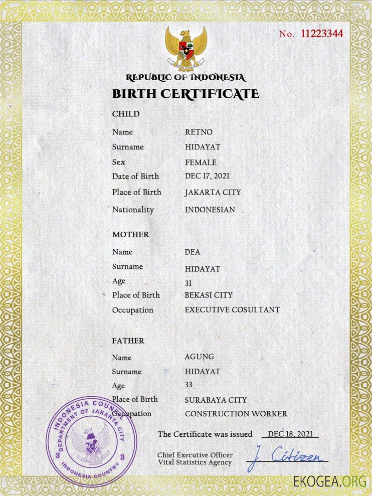 Modèle PSD de certificat de naissance d'état civil indonésien